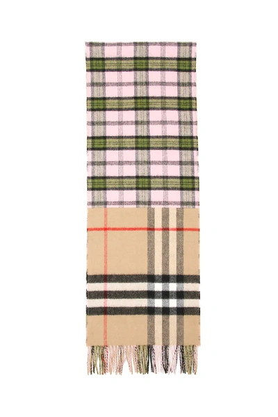 Shop Burberry Tartan And Giant Check Scarf In Beige,pink,green