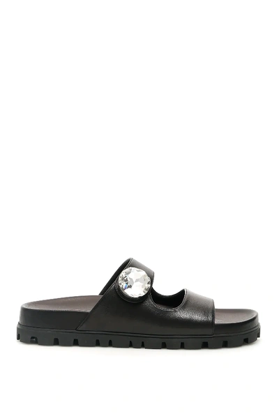 Miu Miu Crystal-embellished Leather Slides In Black