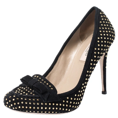 Pre-owned Valentino Garavani Black Suede Gold Tone Studded Loafer Pumps Size 38 In Multicolor