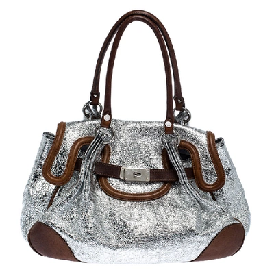 Pre-owned Moschino Metallic Silver Foil Leather Flap Satchel