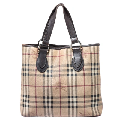 Pre-owned Burberry Beige/brown Haymarket Check Pvc And Leather Regent Tote