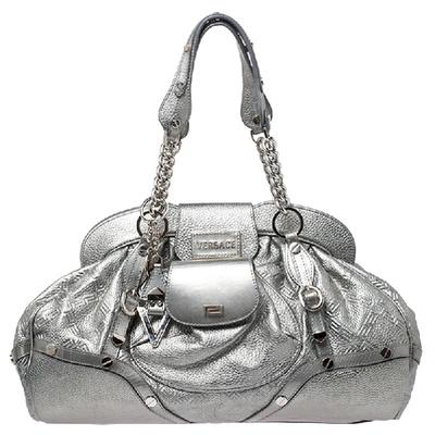 Pre-owned Versace Metallic Silver Leather Chain Link Satchel