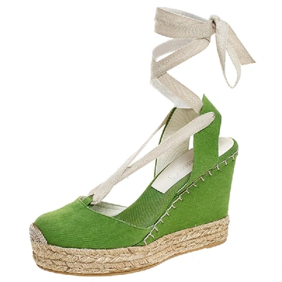 Pre-owned Ralph Lauren Green Canvas Wedge Platform Ankle Wrap Sandals Size 39.5