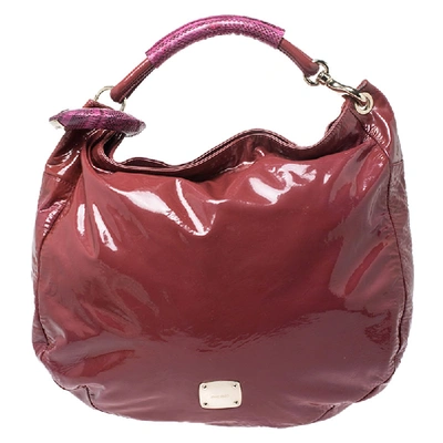 Pre-owned Jimmy Choo Light Burgundy/purple Patent Leather And Python Trim Handle Sky Hobo