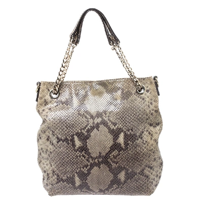 Pre-owned Michael Kors Green/black Python Embossed Suede Chain Tote