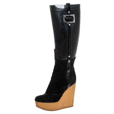 Pre-owned Dolce & Gabbana Black Pvc And Suede Wedge Knee High Boots Size 39