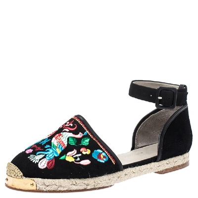 Pre-owned Giuseppe Zanotti Black Embroidered Suede Espadrilles Ankle Strap Flat Sandals Size 40