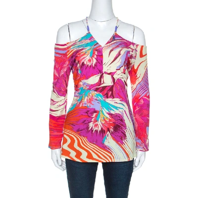 Pre-owned Roberto Cavalli Multicolor Abstract Print Stretch Knit Cold Shoulder Top L