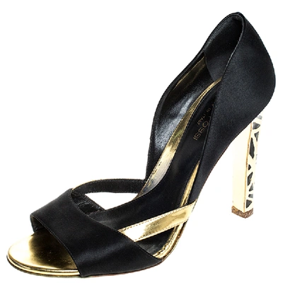 Pre-owned Sergio Rossi Black/gold Satin Open Toe Sandals Size 38