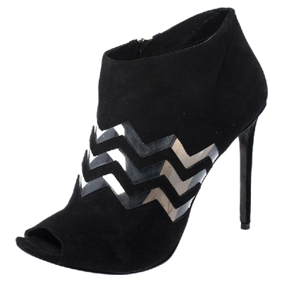 Pre-owned Nicholas Kirkwood Black Suede And Pvc Chevron Peep Toe Ankle Booties Size 40