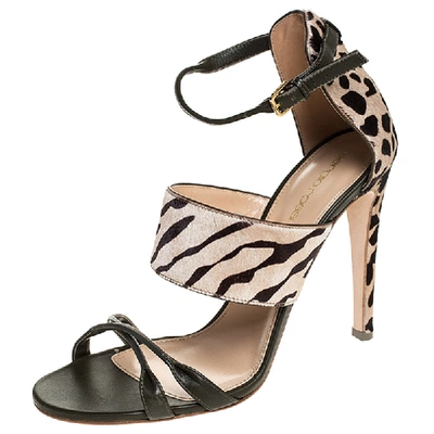 Pre-owned Sergio Rossi Tricolor Pony Hair And Leather Donyale Ankle Strap Sandals Size 39.5 In Beige