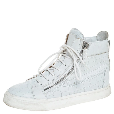 Pre-owned Giuseppe Zanotti White Croc Embossed Leather London High Top Sneakers Size 37.5