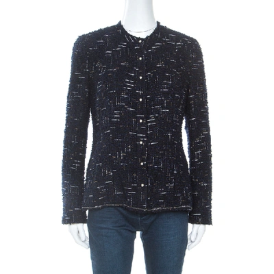 Pre-owned Chanel Navy Blue Metallic Tweed Pearl Embellished Jacket L