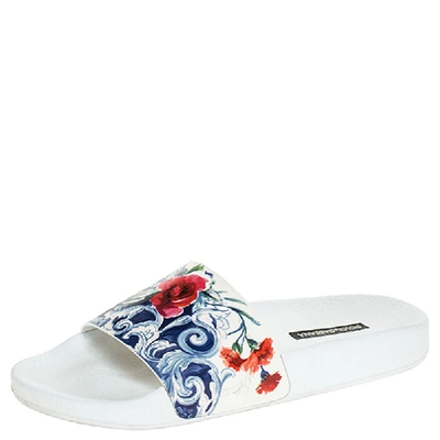 Pre-owned Dolce & Gabbana White Majolica Printed Leather Flat Slides Size 36 In Multicolor