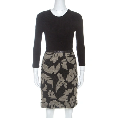 Pre-owned Burberry Brit Black Rib Knit And Floral Jacquard Midi Dress M