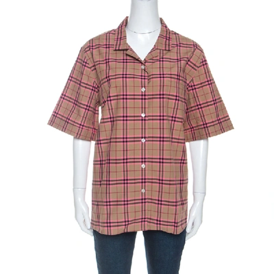 Pre-owned Burberry Brown And Pink Nova Check Cotton Short Sleeve Shirt L