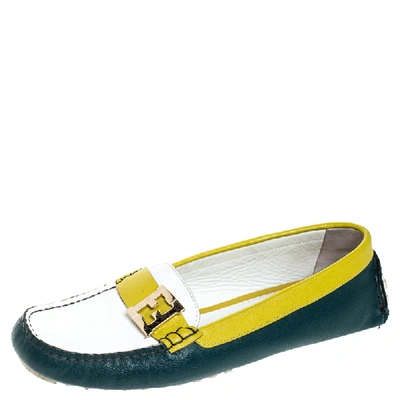 Pre-owned Fendi Tri Colour Saffiano Leather Logo Slip On Loafers Size 39.5 In Multicolor