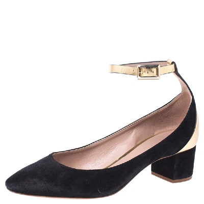 Pre-owned Chloé Black Suede And Metallic Gold Leather Heaven Block Heel Ankle Strap Pumps Size 37