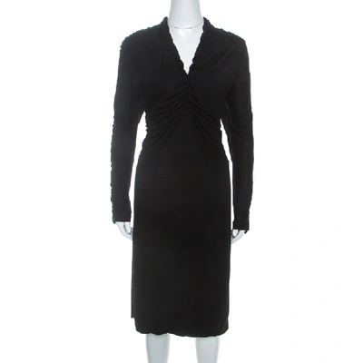 Pre-owned Fendi Black Knit Ruched Detail Long Sleeve Midi Dress L