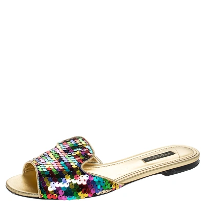 Pre-owned Dolce & Gabbana Multicolor Sequin Fabric And Leather Trim Flat Slides Size 37.5