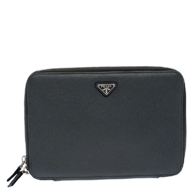 Pre-owned Prada Grey Saffiano Leather Small Zip Around Portfolio