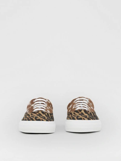 Shop Burberry Animal Print Cotton Canvas Sneakers In Honey