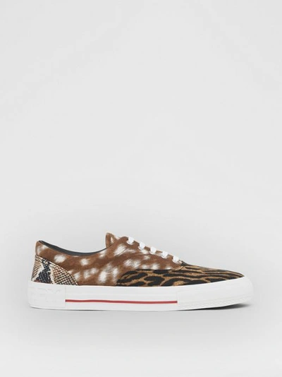Shop Burberry Animal Print Cotton Canvas Sneakers In Honey