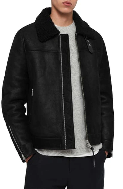 Shop Allsaints Gunstor Genuine Shearling Jacket In Black