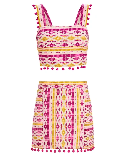 Shop Saylor Dahlia Pom-pom Embroidered Set In Pink/yellow