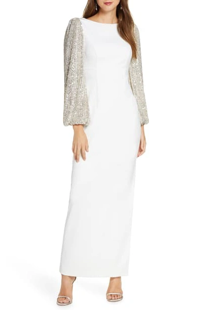 Shop Eliza J Crepe V-back Gown With Sequin Long Sleeves In Ivory