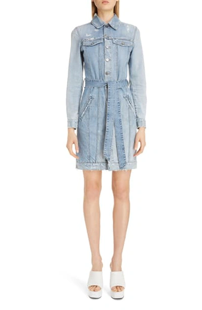 Shop Givenchy Logo Belt Long Sleeve Distressed Denim Shirtdress In Light Blue