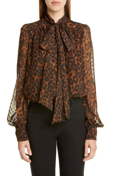 Shop Erdem Leopard Print Tie Neck Blouse In Camel / Brown