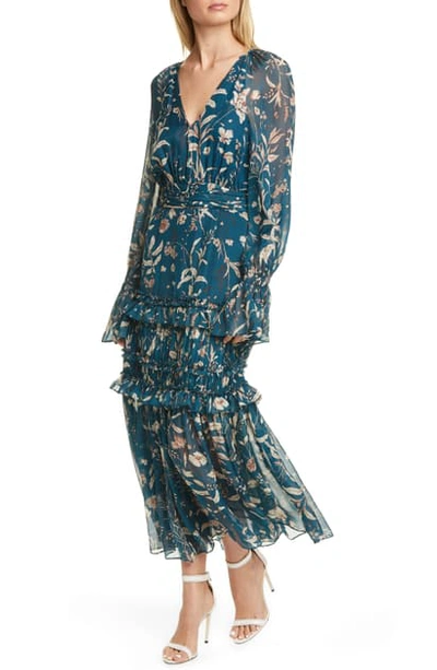 Shop Amur Reah Floral Print Long Sleeve Silk Dress In Teal Wildflowers