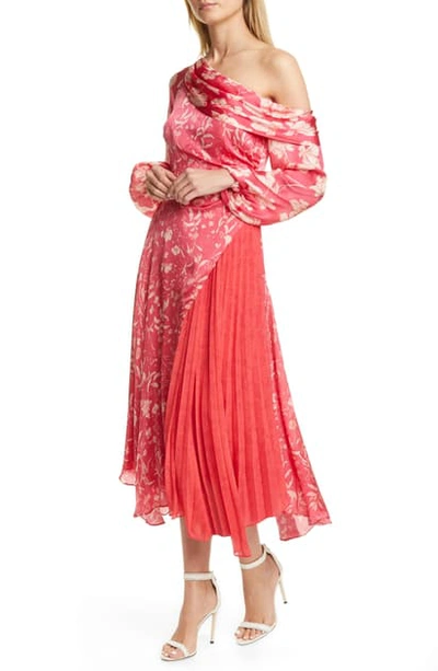 Shop Amur Lorraine One-shoulder Asymmetrical Midi Dress In Raspberry Combo