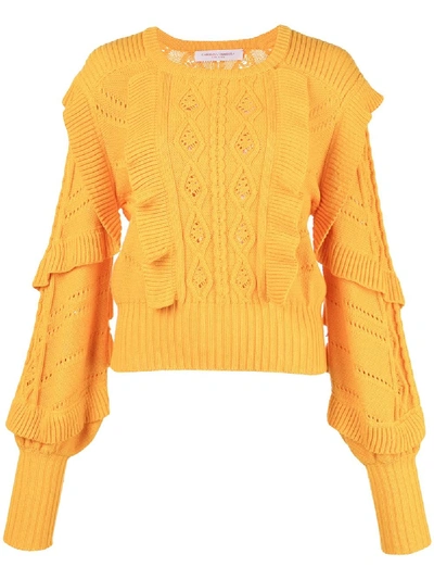 Shop Carolina Herrera Cable Stitch Ruffled Sweater In Yellow