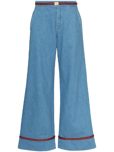Shop Gucci Web Trim Wide-leg Jeans In Blue