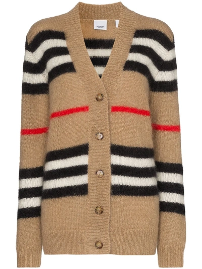 Shop Burberry Icon Stripe Knit Cardigan In Brown