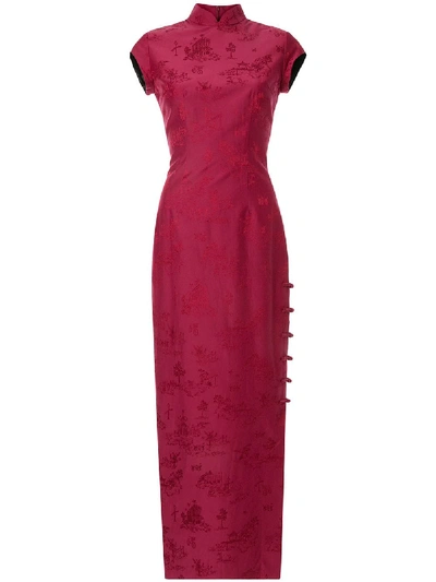 Shop Shanghai Tang Chinoiserie Jacquard Long Qipao Dress In Pink