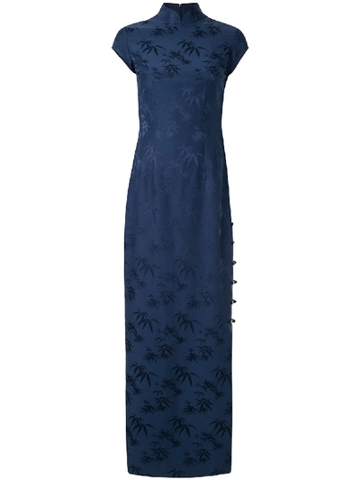 Shop Shanghai Tang Bamboo Jacquard Long Qipao Dress In Blue
