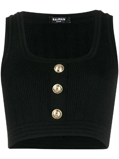 Shop Balmain Button-embellished Ribbed Cropped Top In Black