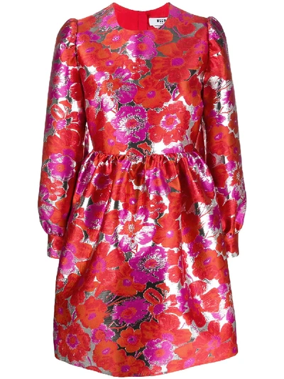 Msgm Floral Jacquard Flared Dress In Red