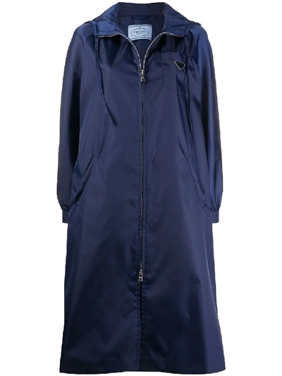 Shop Prada Hooded Garbadine Coat In 蓝色