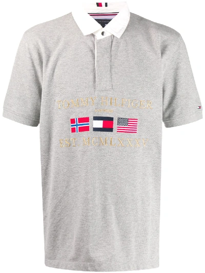 Shop Tommy Hilfiger Embroidered Flags Polo Shirt In Grey