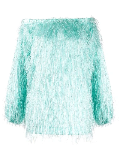 Shop Rotate Birger Christensen Gloria Feather Off-the-shoulder Dress In Blue