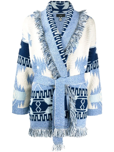 Shop Alanui Patterned Intarsia Belted Cardigan In Blue