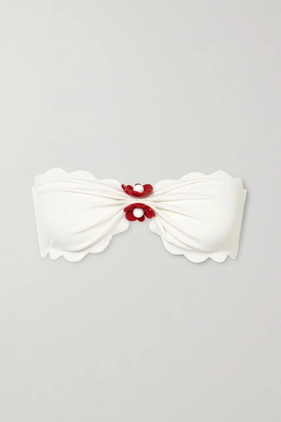 Shop Marysia Antibes Embellished Scalloped Stretch-crepe Bandeau Bikini Top In White