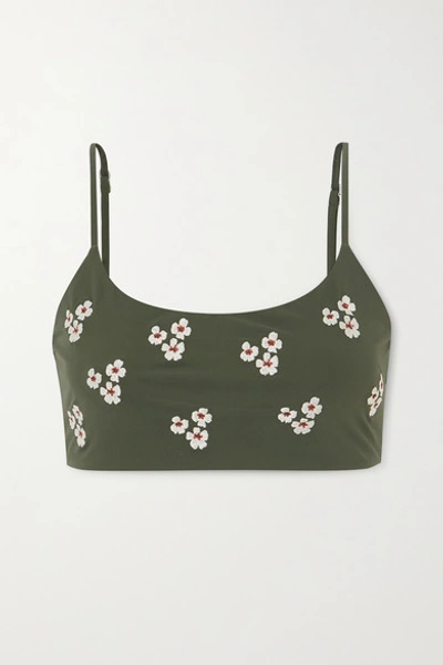 Shop Anemone Embroidered Bikini Top In Army Green