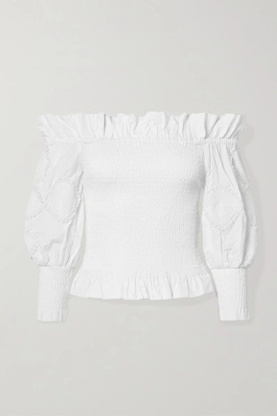 Shop Chufy Miski Off-the-shoulder Crochet-trimmed Shirred Cotton Top In White
