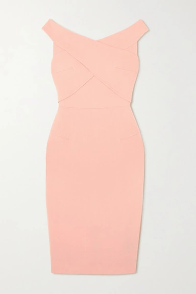 Shop Roland Mouret Amarula Off-the-shoulder Wool-crepe Midi Dress In Pink