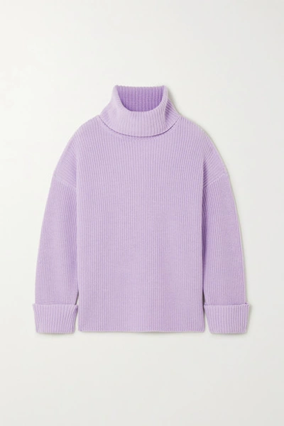 Shop Alice And Olivia Mel Open-back Ribbed Wool-blend Turtleneck Sweater In Purple